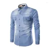 Men's Casual Shirts IN Mens Denim Shirt Long Sleeve Plus Size Cotton Jeans Cardigan Slim Fit Men Two-pocket Tops Clothing M-6XL