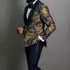 Men's Suits Costume Homme Marriage Navy Blue Floral Jacquard Men Suit Slim Fit 3 Pcs Tuxedo Prom Wedding Groom Blazer Terno Masculino