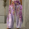 Women's Pants Women Harem Vintage Elastic Waist Wide Leg Trousers Female Casual Butterfly Flower Print Pockets Loose Cropped