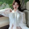 Women's Blouses Long Sleeve Feminin Stand Collar Mesh Beaded Lace Up Bow Tie White Shirt Female Loose Women Shirts 121i