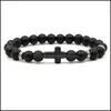 Charm Bracelets Cross Men Bracelet Brand Wholesale Unisex Stone Hand Work Black Onyx Volcano Matte Beaded Drop Delivery Jewelry Dhdub