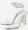 Women luxury sandal high heels Aura embellished satin sandals PVC and leather sandies open toes and buckled ankle straps wedding party shoes