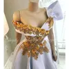 3D Flowers v-teace Crystals Gold Lace Womens Italy African Ladies Party White Seven Evening Dresses 2023