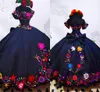 Vintage Flores Mexicanas Bordadas Quinceanera Vestidos Charro 2023 Cetim Vestidos de Baile Fora do Ombro Festa Doce 16 Vestido de Baile Dark Navy