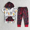 Kläder sätter grossistbutik barn halloween baby pojke korta ärmar set barn hoodie pocket skjorta röda byxor modern outfit