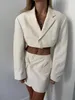 Two Piece Dress Sexy One Button Short Women Blazer Cropped High Waist Irregular Cross Slit Mini Skirt Long Sleeve Suits 2 Pieces Set Vintage 230130