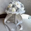 Flores decorativas estro cinza Creme cinza Made Flor Strassnestone Dama de honra Crystal Bridal Wedding Bouquets