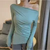 Women's TShirt Off Shoulder Skew Collar Solid Full Sleeve Tshirts Girls Sexy Chic Irregular Split Tops For Woman Autumn 230130