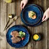 Тарелки японский керамический ужин и миски ретро -печь сменила синие блюда стейк -тарелка плоская посуда фруктовые салат набор посуды
