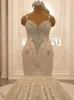 Luxuriöse arabische Dubai Marjoring Beadings Brautkleider Sheer Back Spaghettiträger Meerjungfrau Applikationen Pailletten Kristalle Geraffte Brautkleider BC14948