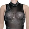 Women Party Dresses Sexy Sleeveless Mesh See Through Rhinestone Bodycon Zipper Long Dress Clubwear Outfit