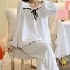 Women's Sleepwear 2 Pcs/Set Women Pajamas Set Shirring String Square Neck Contrast Color Long Sleeves Sleeping Loose Soft Bow-knot Nightie