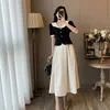 Two Piece Dress Summer Elegant Women Skirt Sets Retro Office Lady Outifits Puff Sleeve Black Top A Line Skirts Korean Fashion Sweet Hepburn Suit 230130