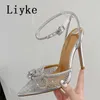 New Sexy Pointed Toe Women Pumps High Heels Silver Crystal Bowknot Transparent Summer Sandals Party Wedding Shoes Bride 0129