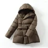 Damen-Trenchmäntel, Damen-Daunenjacken, 2023 Winter, ultraleicht, warm, lässiger Mantel, weibliche Pufferjacke mit Gürtel, Übergröße mit Kapuze