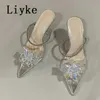 Escarpins à fleurs en cristal pour femmes, escarpins Sexy à bout pointu, Mules à talons hauts transparents, sandales transparentes en PVC, chaussures de bal de mariage, 0129