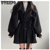 Women's Wool Blends Mid Length Topcoat Blazer Collar Woolen Coat Women Belted Winter Jacket Niche Vintage Loose Fashion Overcoat Solid Trench Coats 230130