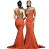 Spalona pomarańczowa syrena sukienki druhna Aso ebi afrykańskie aplikacje koraliki z przyciskiem pokrytym tylnym Trąbkiem Maid of Honor suknie plus size