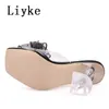 Stor storlek 34-46 Transparent PVC Women Tisters Fashion Crystal Bowknot High Heels Jelly Shoes Summer Sandals Mules Slides 0129