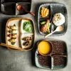 Pratos japoneses criativos quadrados de três grades prato de jantar em casa salada de cerâmica prato de uma pessoa, louça de jantar de cozinha de mesa de cozinha
