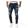 Mäns jeans Biker Men's Estressed Stretch Ripped Men Hip Hop Slim Fit Holes Punk Zipper Pure Color Denim Pants