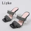 Nytt varumärke 9cm konstigt höga klackar kvinnor tofflor mode transparent pvc rhinestone sandaler sommarparty prom skor damer 0129