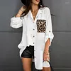 Women's Blouses Leopard Pocket Casual Womens Tops Summer Turn-down Collar Full Sleeves Baggy Shirt Office Lady Long White Buttons Oversize