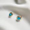 Orecchini per borchie 925 Sterling Silver Golden Simple Wild Oval Blue Glass in pietra in pietra regalo di compleanno di Birthstone Cabochons