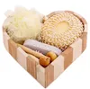 Promotional wood heart-shaped Gift box 6pcs bath accessory Sisal sponge /comb Wooden/ Massage Brush/ spa/Bath Gift SN4778