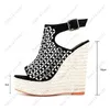 Heelslover Women Summer Sandals Rhinestone Sexy Wedges Cheels Round Toe Breate Black Banquet Shoes Ladies Us Size 5-13