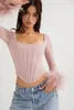 Women's TShirt Feather Trim Long Sleeve Crop Top Square Neck Bustier Corset Faux Fur Y2K Fairy Basic Summer Tee Shirt 230130