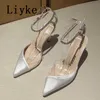 2023 New Fashion Spring Shoes Female Pointed Toe Party Prom Low Thin High Heels Sexy Rhinestone Women Pumps Sandals Black 0129