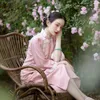 Vêtements ethniques Coton rose longue robe chinoise femme douce dentelle florale col mandarin qipao bouton vintage cheongsam manches lâches robes