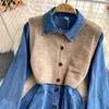 Chemisier en Denim à manches longues pour femme, tricot simple, boutonnage, Blusas Mujer De Moda, nouvelle chemise avec gilet en tricot, automne hiver 2023