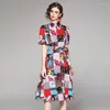 Casual Dresses Summer Vintage Floral Print Collar Bow Tie Neck Kort ärm Empire Midja Kvinnliga damer Party A-Line Kne Length Dress