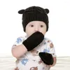 Hats 1 Set Unisex Baby Hat Gloves Solid Color Infant Born Knitting Mittens 0-6 Month Autumn Winter Warm Cap