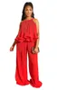 Kvinnors tvåbitar byxor Kvinnor Sexig tie Halter Crop Top Wide Ben Long 2 Outfits Summer Short Sleeve Ruffle Jumpsuits Set