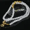 Strand Natural Stone Chalcedony White Jades Round Beads Gold-color Accessories Multilayer Bracelets For Women 6mm Elastic Jewelry B2205