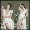 Sexy blanc robes de maternité pour bébé douche Maxi robe Photo accessoire fendu avant femmes enceintes grossesse photographie Shoot robe