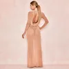 Casual Dresses 2023 Sexig Shining Lurex Knot Midi Dress High Split Back Hollow Out Ladies BodyCon Party Night Club Evening Outfits Mesh
