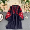 Bohemian Chic Flower Brodery Lace Up Dress O-Neck Elegant Femme Vestidos 2023 mode Nya panelerade klänningar kvinnor 2023