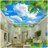 Fonds d'écran personnalisés feuilles vertes bleues ciel blanc nuages ​​zenith plafond 3d fresco chambre moderne salon décoration murale papier peint dhamo