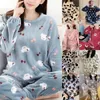 Ropa de dormir para mujer, conjunto de pijama de 2 piezas de invierno para mujer, jersey de manga larga, Tops, pantalones sueltos, estampado de animales de dibujos animados, coral grueso y cálido