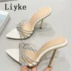 2023 New Gold Silver Thin High Heels Women Slippers Sexy Pointed Toe Crystal Rhinestone Summer Sandals Party Shoes Mules 0129