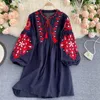 Bohemian Chic Blume Stickerei Lace Up Kleid Oansatz Elegante Femme Vestidos 2023 Mode Neue Getäfelten Kleider Frauen 2023