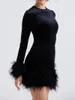 Casual Dresses 2023 Fashion Sexy Women Bodycon Dress Long Sleeve Crew Neck Feather Patchwork Slim Fit Mini för cocktailpartykläder