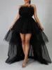 Lässige Kleider, trägerlos, schulterfrei, hohe Taille, asymmetrischer Saum, Tüll-Mesh, transparent, elegantes formelles Ballkleid-Kleid für Damen 230130