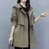 Women's Trench Coats Spring and Autumn Women's Mid-length Trench Coat Hooded Zipper Tie-in Jackets British Style Loose Coats Women's Clothing 230130