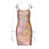 Casual Dresses Shiny Metallic Color Wet Look Spaghetti Strap Backless Sleeveless Sexy Women Club Party Bodycon Mini Chic Dress 2023