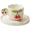 Cups Saucers Cute Hand Painted 3D Cherry Coffee And Pink Red Ceramic Fruit Cup With Saucer Set Tableware Gift For Friends Girls